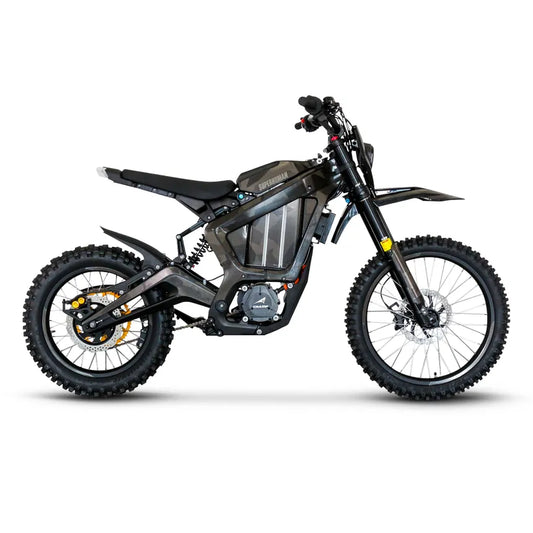 Electric dirt bike with a dark camo frame, gold rear sprocket, spoked wheels and knobby tires, side view on white background
