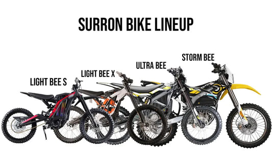 Surron bike lineup graphic, four electric dirt bikes side by side from smallest to largest on a white background