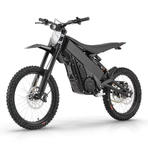 Talaria X3 electric dirt bike in black with white front number plate, front three-quarter view on a white background