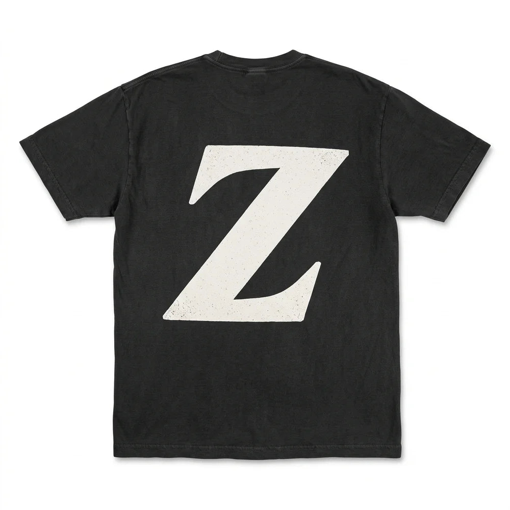 FactoryZ T Shirt back view, large white Z screen printed across the back of a black relaxed fit tee