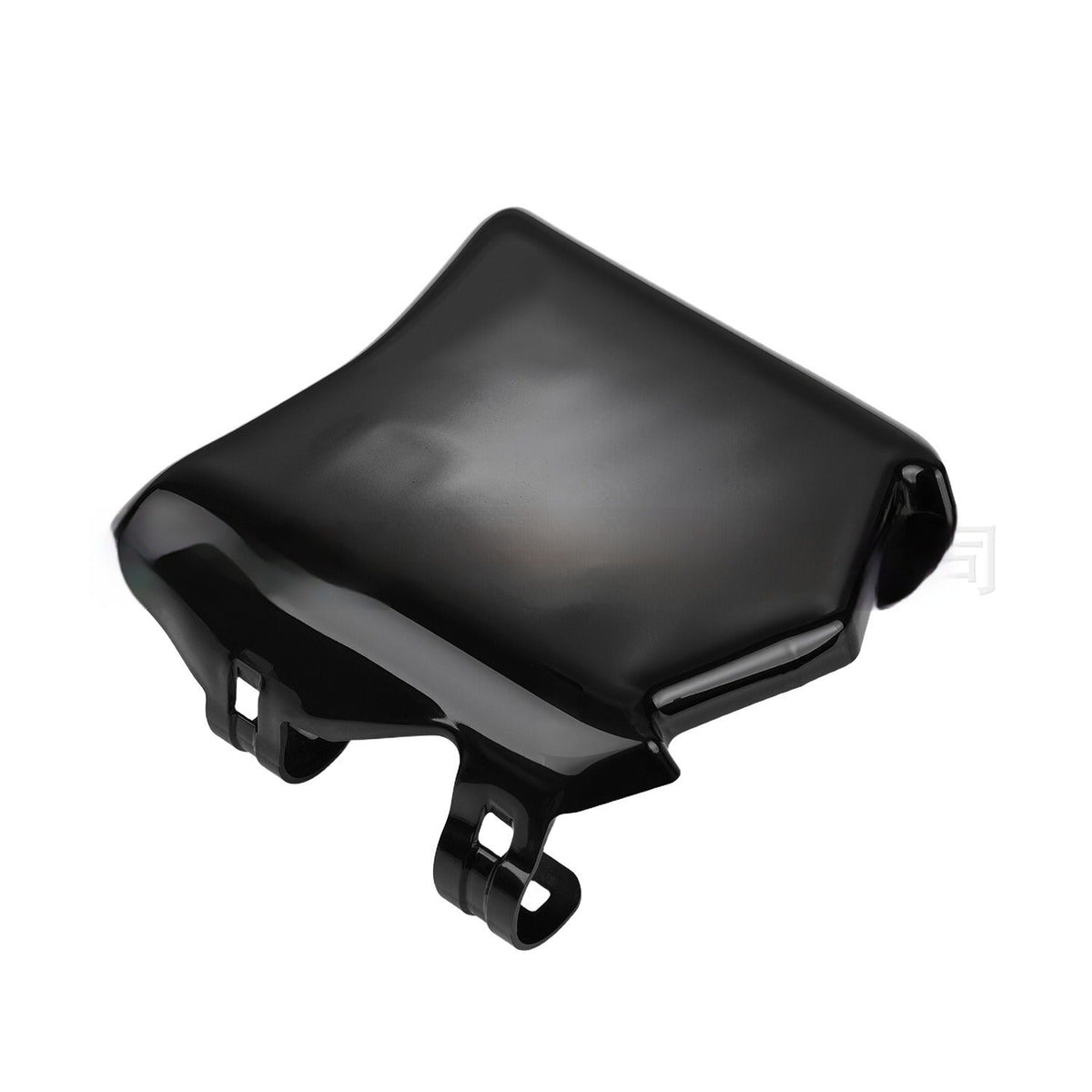 Motocutz style plate in gloss black, top-down view of the curved top edge and two mounting clamps