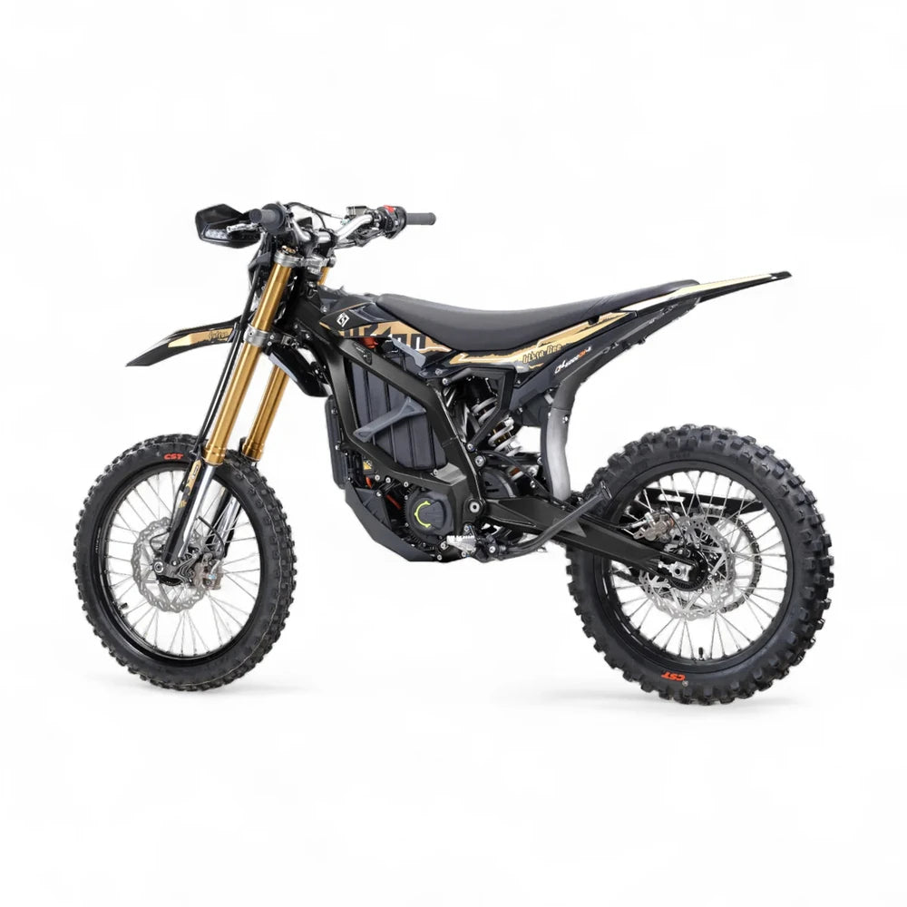 Front three-quarter view of 2025 Surron Ultra Bee Carbon Black highlighting gold inverted KKE fork