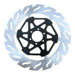 Surron, Talaria and Eride 240mm floating rear moto brake rotor, wavy stainless disc with black anodized aluminum carrier, top view