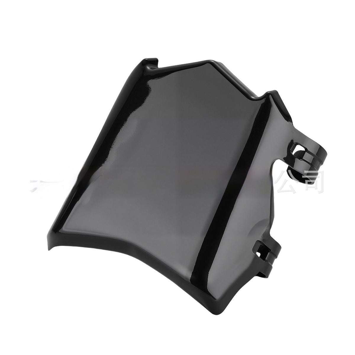 Motocutz style plate in gloss black, tilted side angle showing the upper and lower mounting clamps