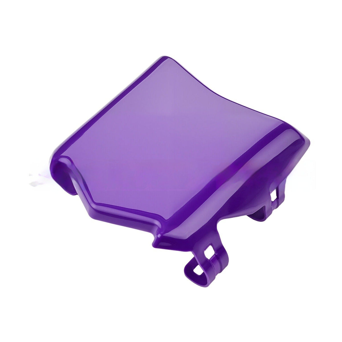 Motocutz style plate in gloss purple, angled top view of the plate face and two mounting clamps