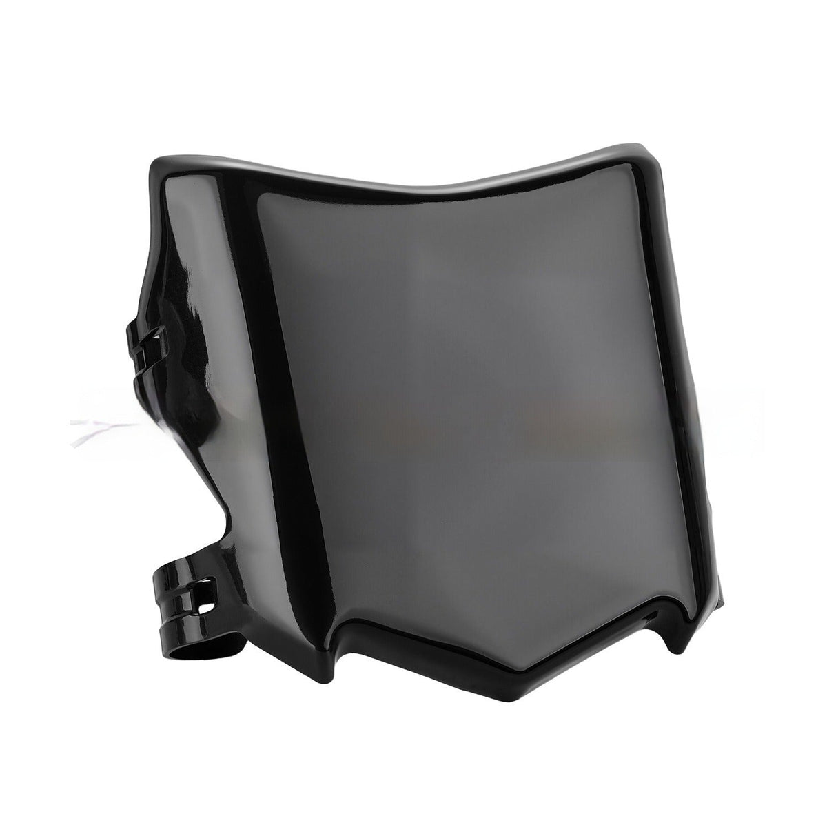 Motocutz style plate in gloss black, opposite three-quarter view with the mounting clamps on the left
