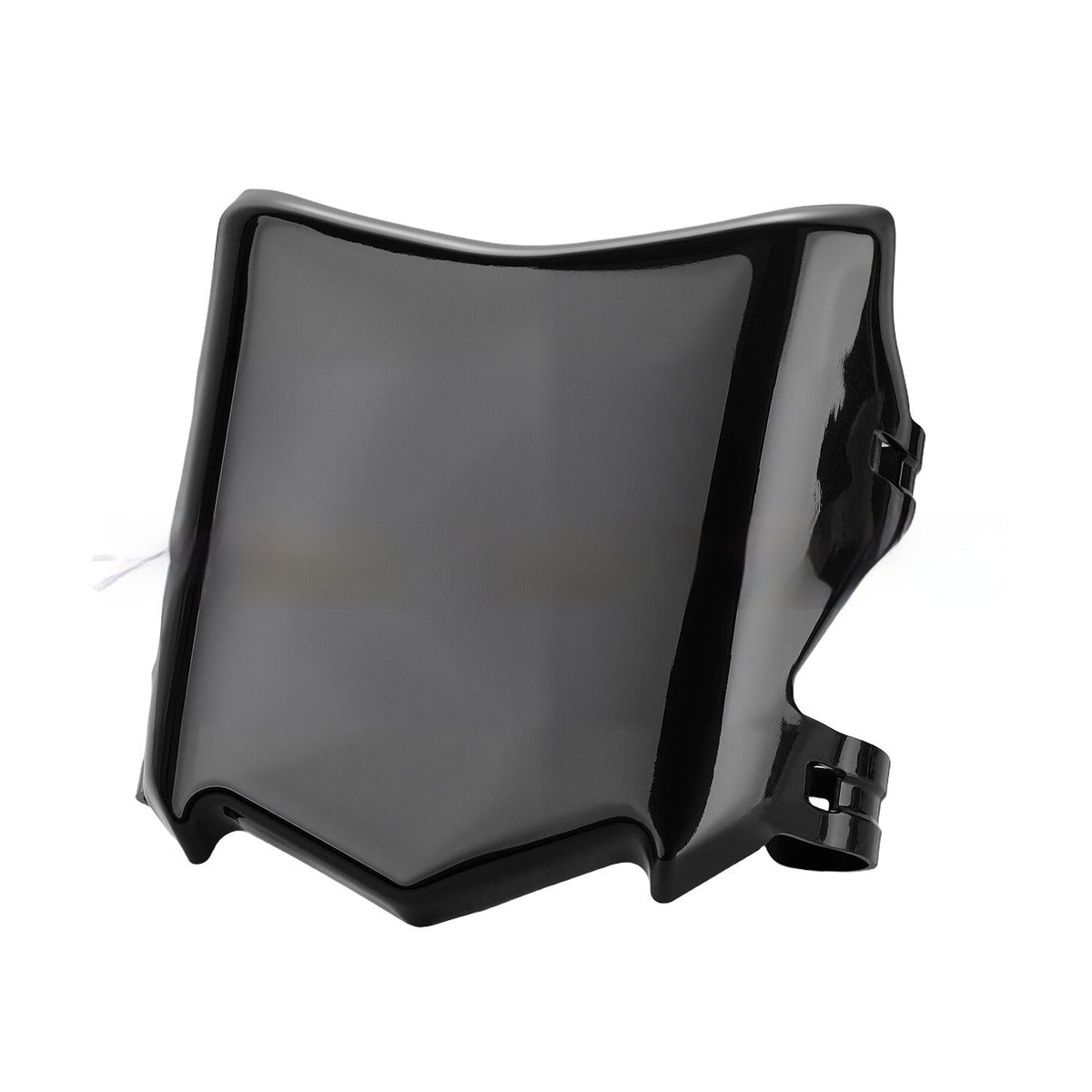 Motocutz style plate in gloss black, three-quarter front view with the mounting clamps on the right side