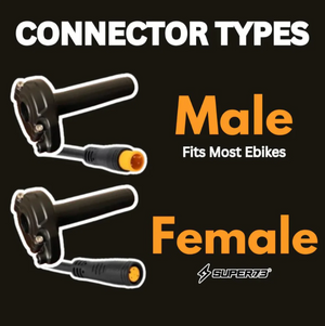 Surron throttle for e-bikes connector types graphic, male and female orange plug ends shown on two black throttles