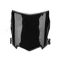 Motocutz style plate in gloss black, straight-on front view showing the curved top edge and pointed bottom