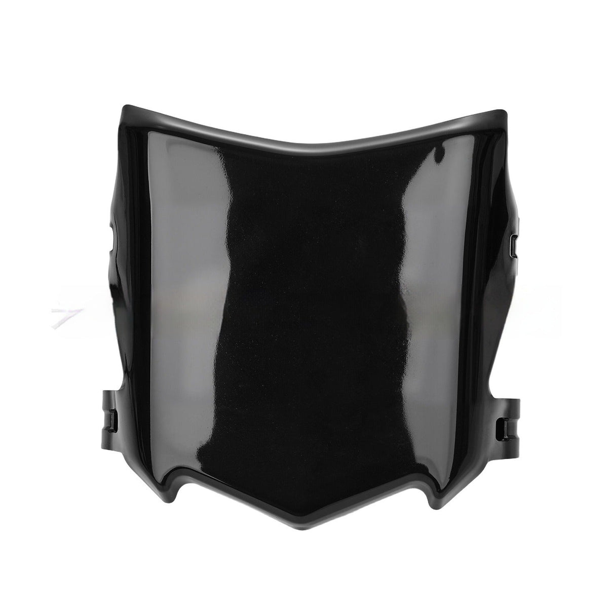 Motocutz style plate in gloss black, straight-on front view showing the curved top edge and pointed bottom