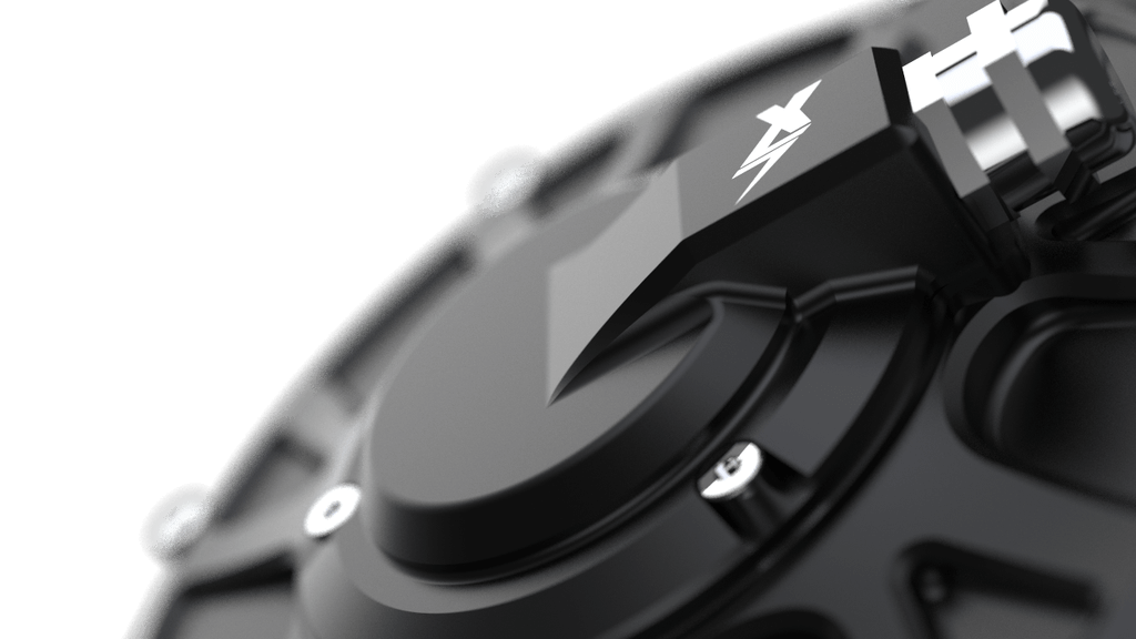 EBMX XLB-60 RACE air-cooled motor, glossy black casing with embossed lightning-bolt logo, close-up angled view