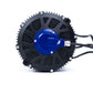 EBMX XUB-80 air-cooled motor for Surron Ultra Bee, black finned housing with blue anodized center hub, side view