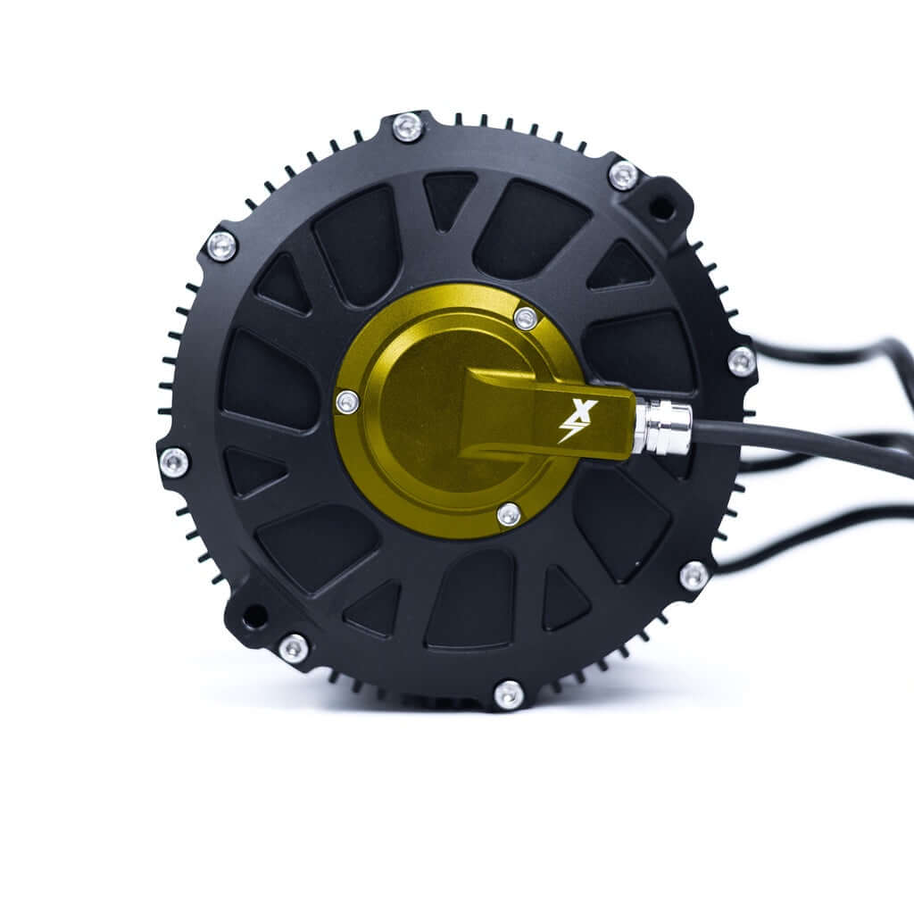 EBMX XUB-80 air-cooled motor for Surron Ultra Bee, black finned housing with gold-anodized hub and X logo