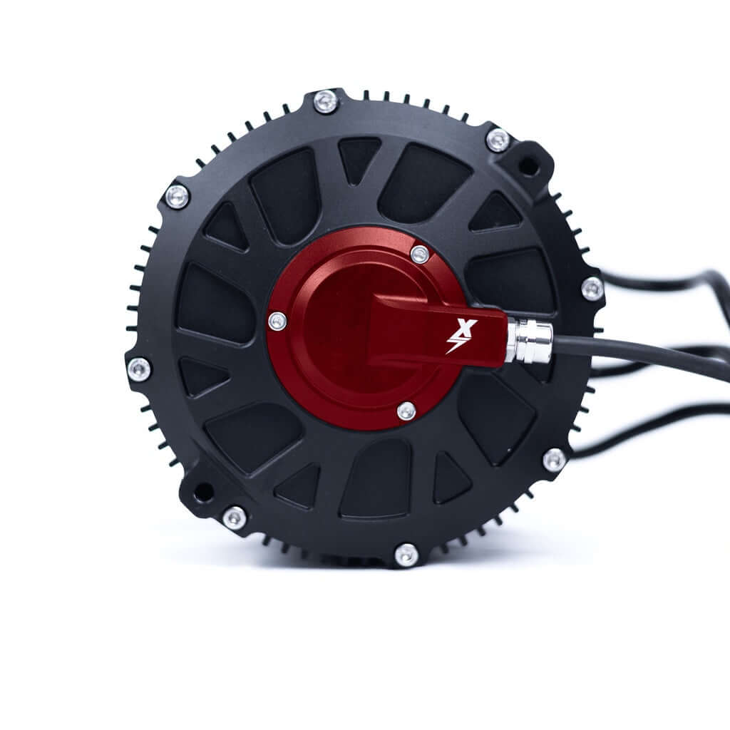 EBMX XUB-80 air-cooled motor for Surron Ultra Bee, finned black housing with red anodized center hub and phase wires
