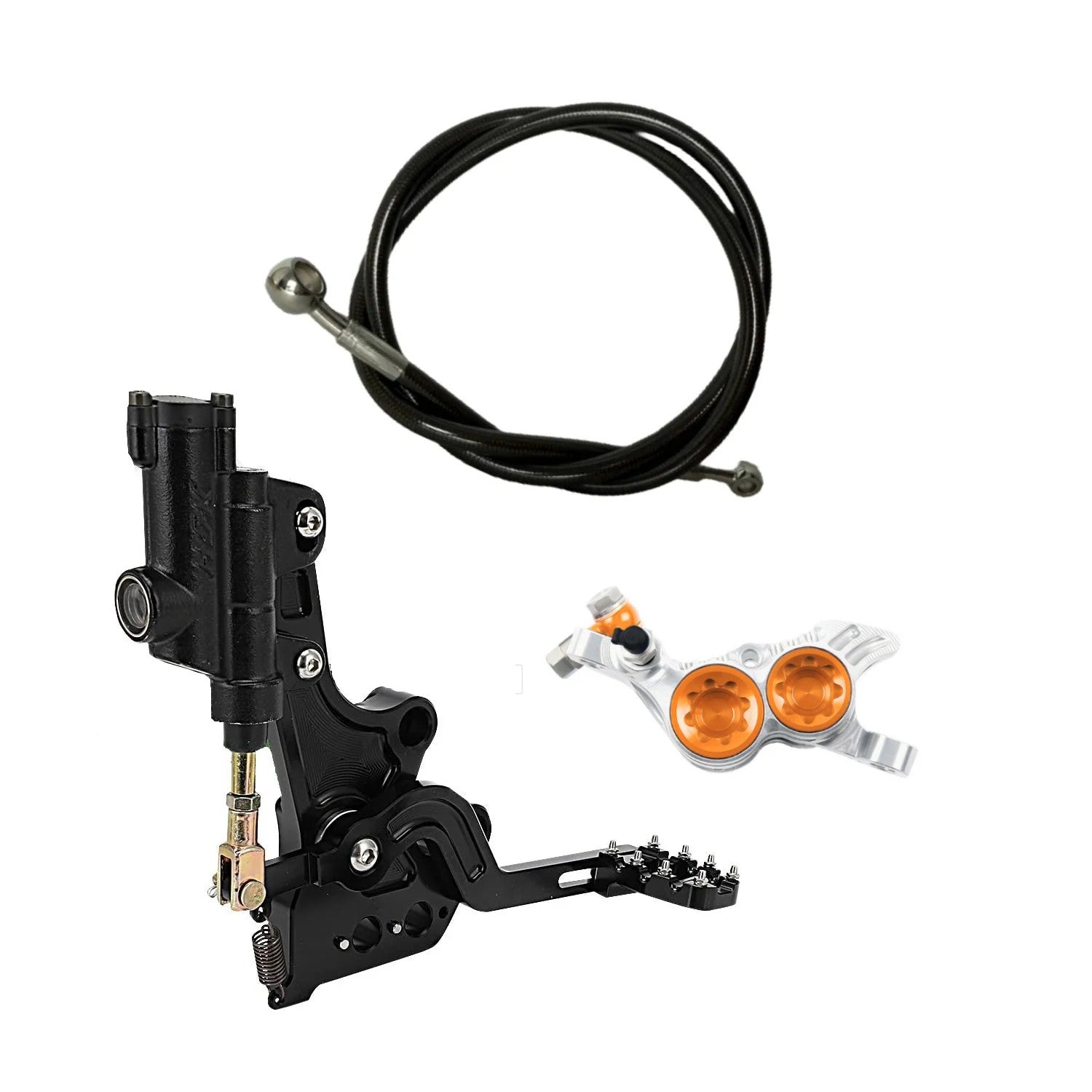 Hope Tech 4 V4 rear foot brake kit installed on Surron Light Bee X – Silver & Orange caliper