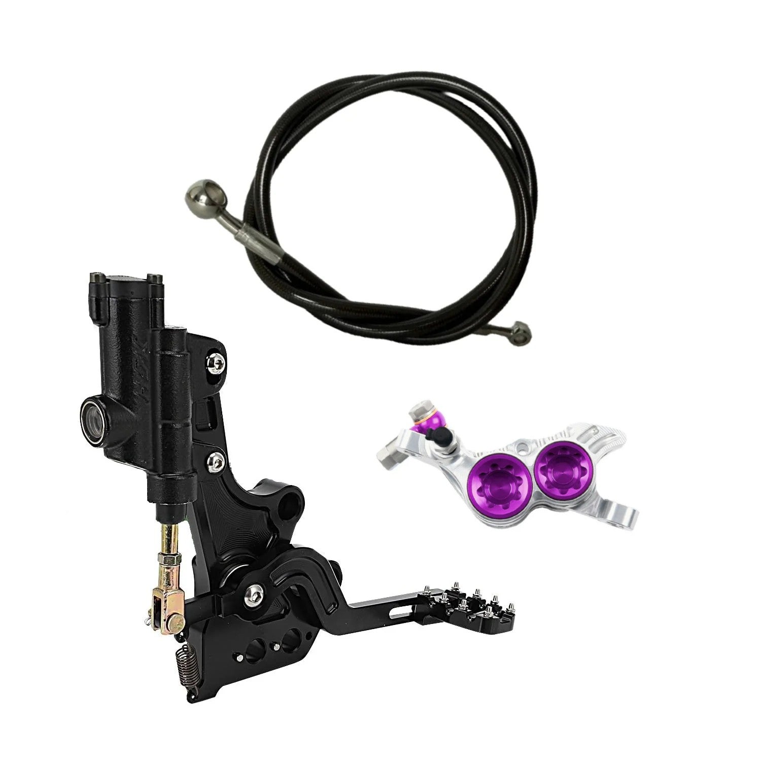 Hope Tech 4 V4 rear foot brake kit installed on Surron Light Bee X – Silver & Purple caliper