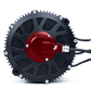 EBMX XLB-60 RACE electric motor, finned black housing with red anodized center hub and logo, angled view