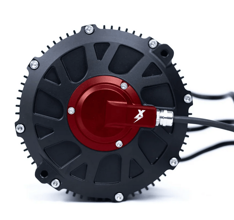 EBMX XLB-60 RACE electric motor, finned black housing with red anodized center hub and logo, angled view
