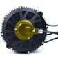 EBMX XLB-60 RACE hub motor, black finned housing with gold anodized center hub and exiting cables, angled view