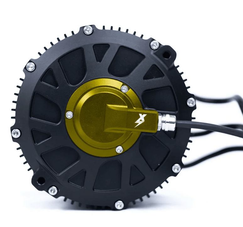 EBMX XLB-60 RACE hub motor, black finned housing with gold anodized center hub and exiting cables, angled view