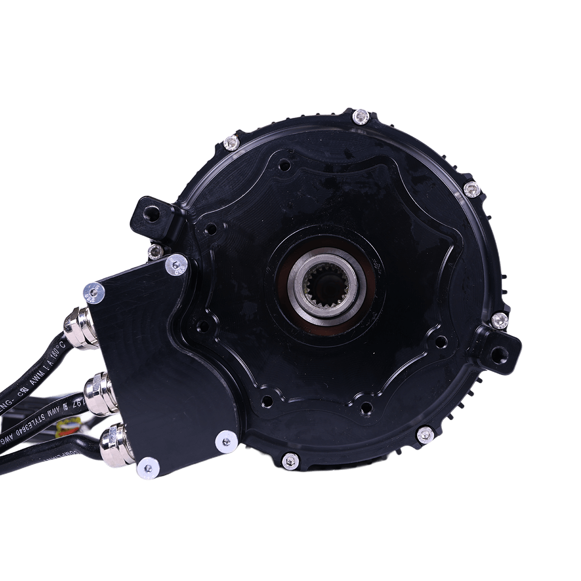EBMX XTA-60 Talaria motor kit, rear view of black hub motor showing splined output shaft, bolted housing and bundled wiring harness