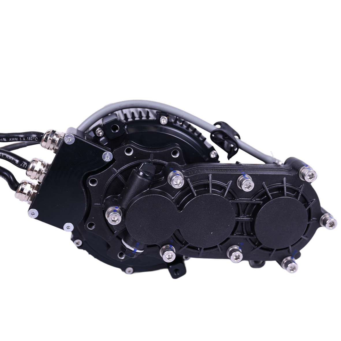 EBMX XTA-60 Talaria motor kit, black gearbox and motor assembly, rear view with bolted cover and phase wires