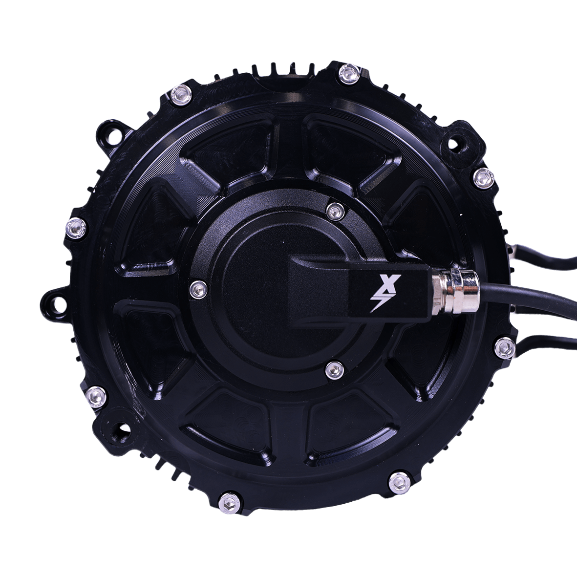EBMX XTA-60 Talaria motor kit, black finned aluminum housing, front view with X logo and connector cables