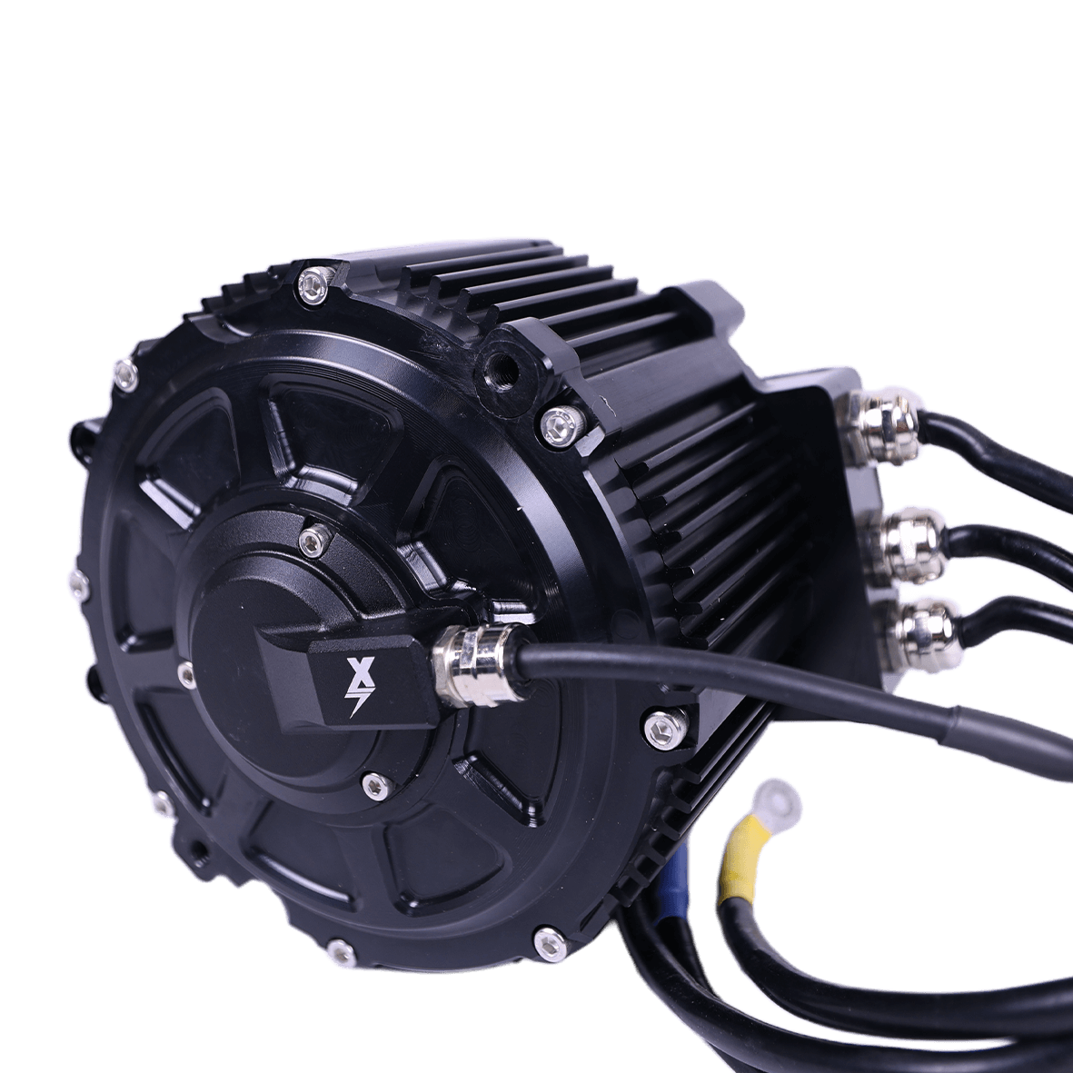 EBMX XTA-60 Talaria motor, black finned housing side view, three braided phase wires and sensor leads