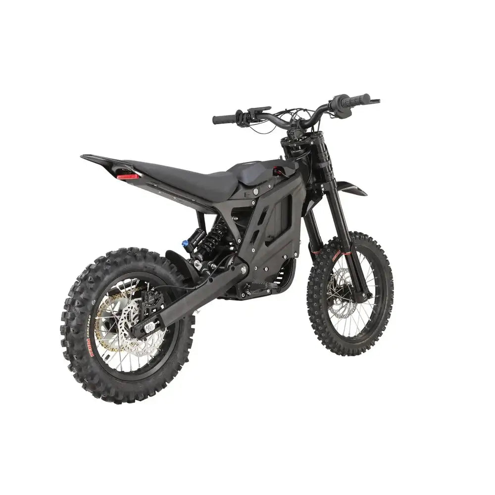 Eride Pro Mini electric dirt bike in matte black, rear three-quarter view showing taillight, seat and knobby off-road tires