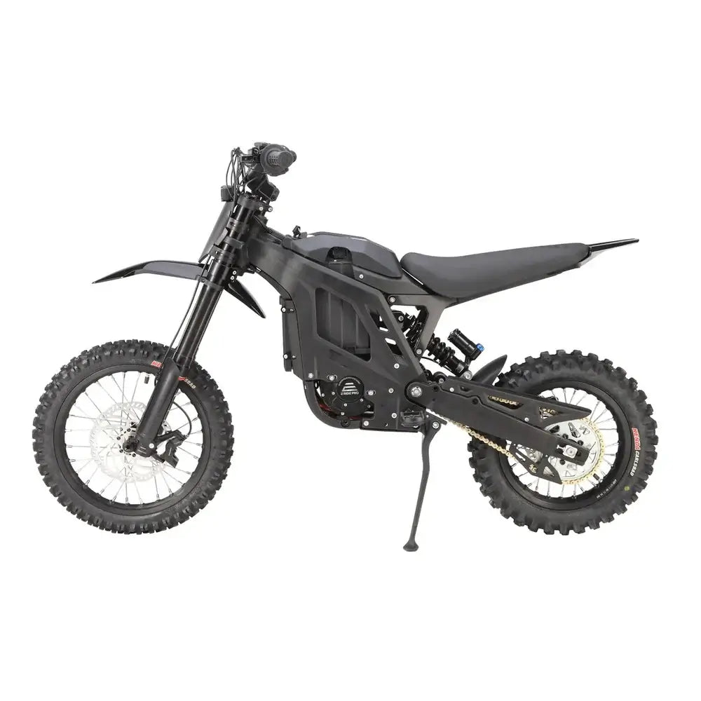 Eride Pro Mini electric dirt bike in matte black, full left-side profile view with knobby tires and kickstand