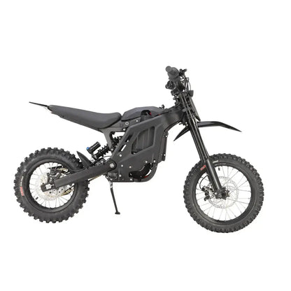 Eride Pro Mini electric dirt bike in matte black, full right-side profile, knobby tires, inverted forks and dual disc brakes
