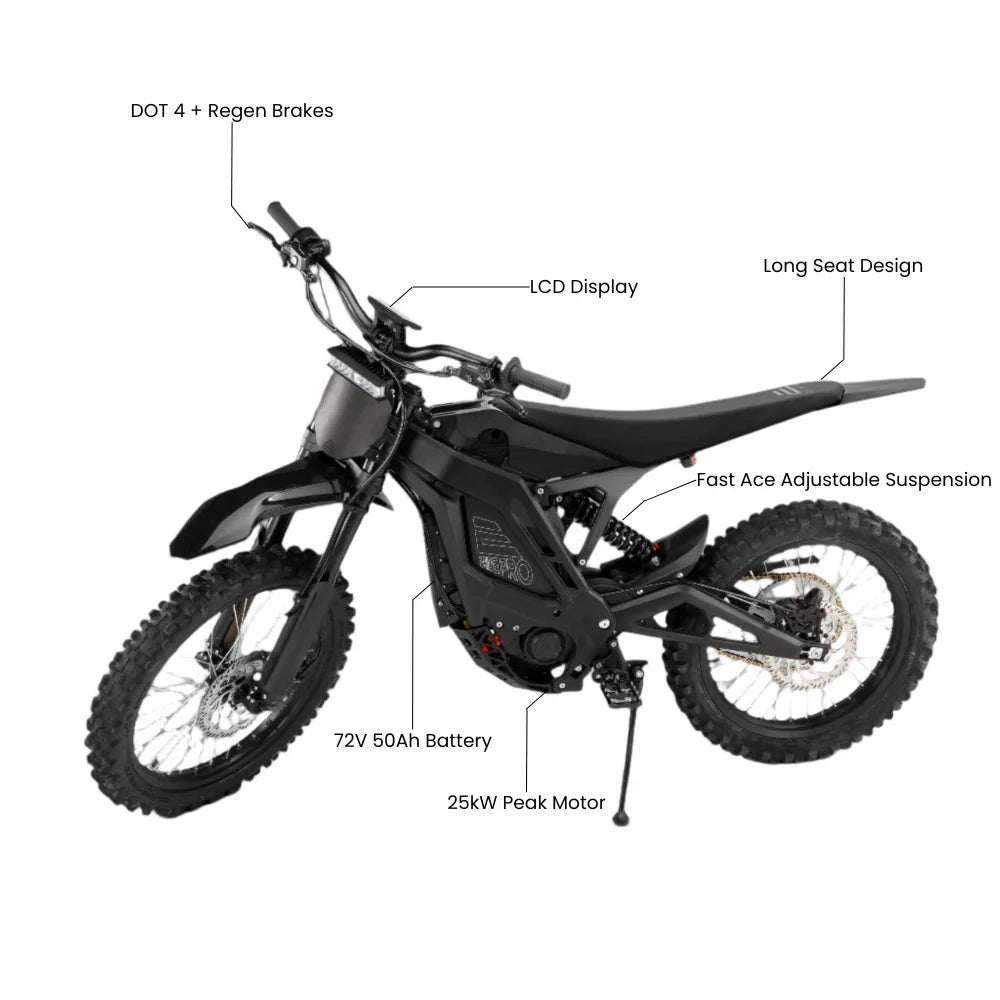 Eride Pro SR feature callouts with 25kW peak motor 72V 50Ah battery Fast Ace suspension and long seat