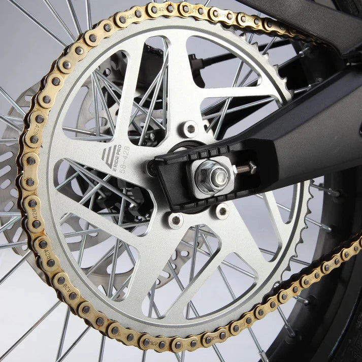 Gold chain and rear sprocket on Eride Pro SS 3.0 electric dirt bike