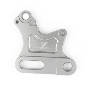 ETM RTR brake bracket in silver, angled view with engraved Z logo, slotted and round mounting holes