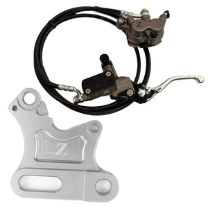 ETM RTR Ultra Bee brake kit with silver Z logo caliper bracket, bronze caliper, coiled black brake line and master cylinder