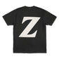 FactoryZ T Shirt back view, large white Z screen printed across the back of a black relaxed fit tee