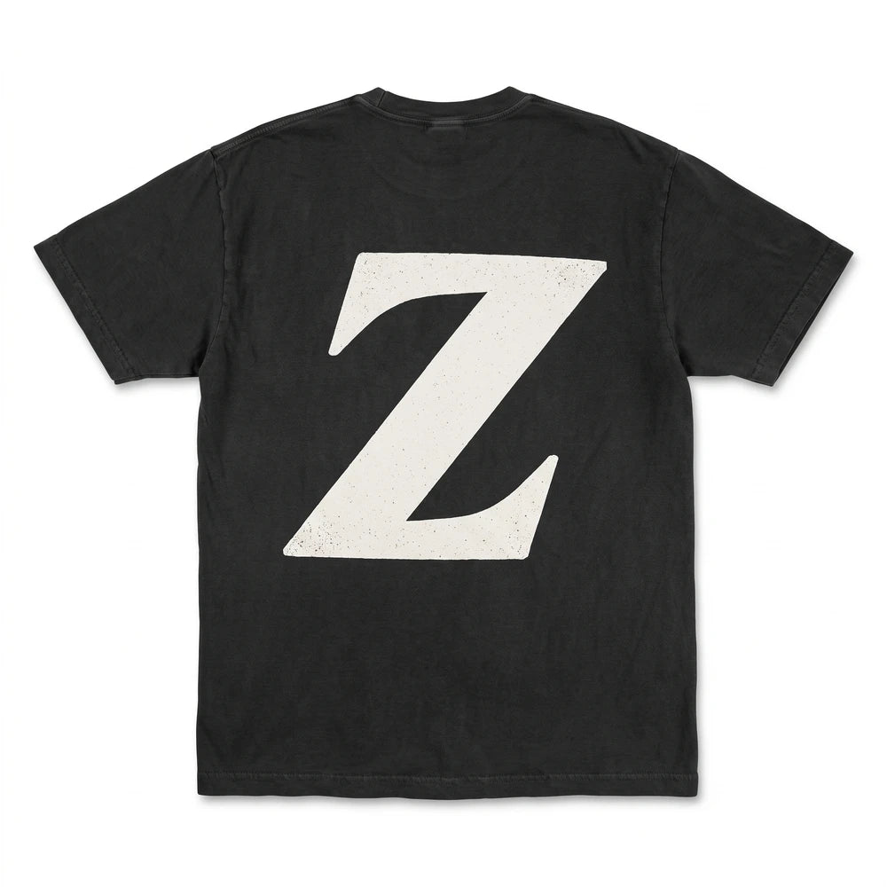FactoryZ T Shirt back view, large white Z screen printed across the back of a black relaxed fit tee