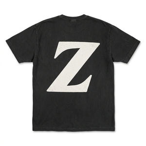 FactoryZ T Shirt back view, large white Z screen printed across the back of a black relaxed fit tee