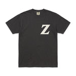 FactoryZ T Shirt front view, black Comfort Colors tee with small white Z screen printed over the left chest