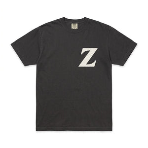 FactoryZ T Shirt front view, black Comfort Colors tee with small white Z screen printed over the left chest