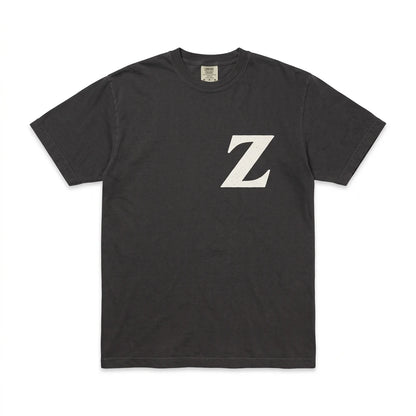 FactoryZ T Shirt front view, black Comfort Colors tee with small white Z screen printed over the left chest