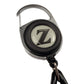FactoryZ Lighter Leash close-up of the chrome carabiner clip and Z logo badge on the retractable reel