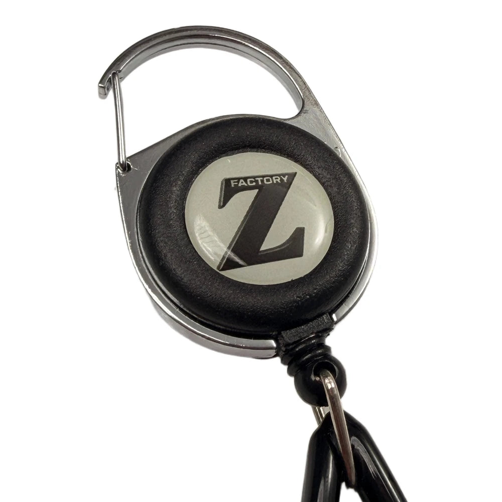 FactoryZ Lighter Leash close-up of the chrome carabiner clip and Z logo badge on the retractable reel