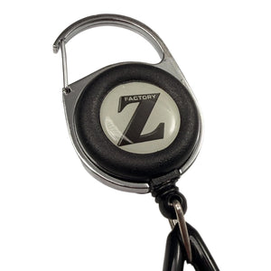 FactoryZ Lighter Leash close-up of the chrome carabiner clip and Z logo badge on the retractable reel