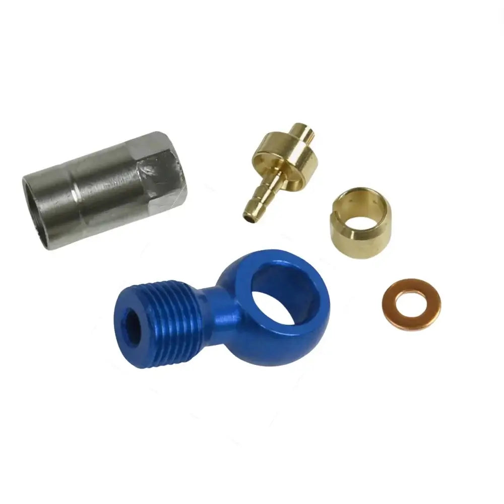 Blue Hope Tech aluminum banjo connector end with stainless steel outer sleeve and brass collar