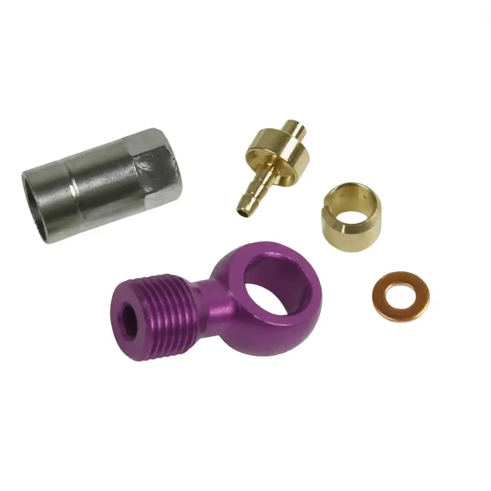 Purple Hope Tech CNC aluminum M6 banjo connector end with brass nipple and stainless steel outer sleeve