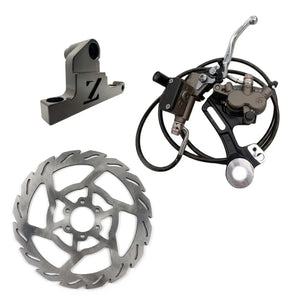 Surron Hyper Bee brakes, Ultra Bee brake kit with black Z logo bracket, green caliper, master cylinder and wave rotor
