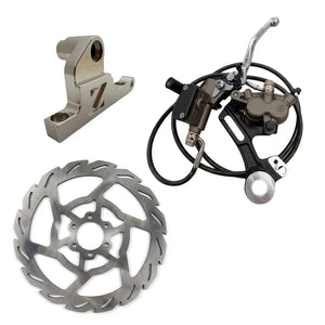 Surron Hyper Bee Ultra Bee brake kit, silver Z logo bracket, FactoryZ Custom caliper, lever, brake line and rotor