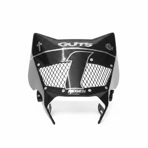 Surron Ultra Bee vented plate, twin black mesh vent panels, silver bolts and gray side panels, front on a white background