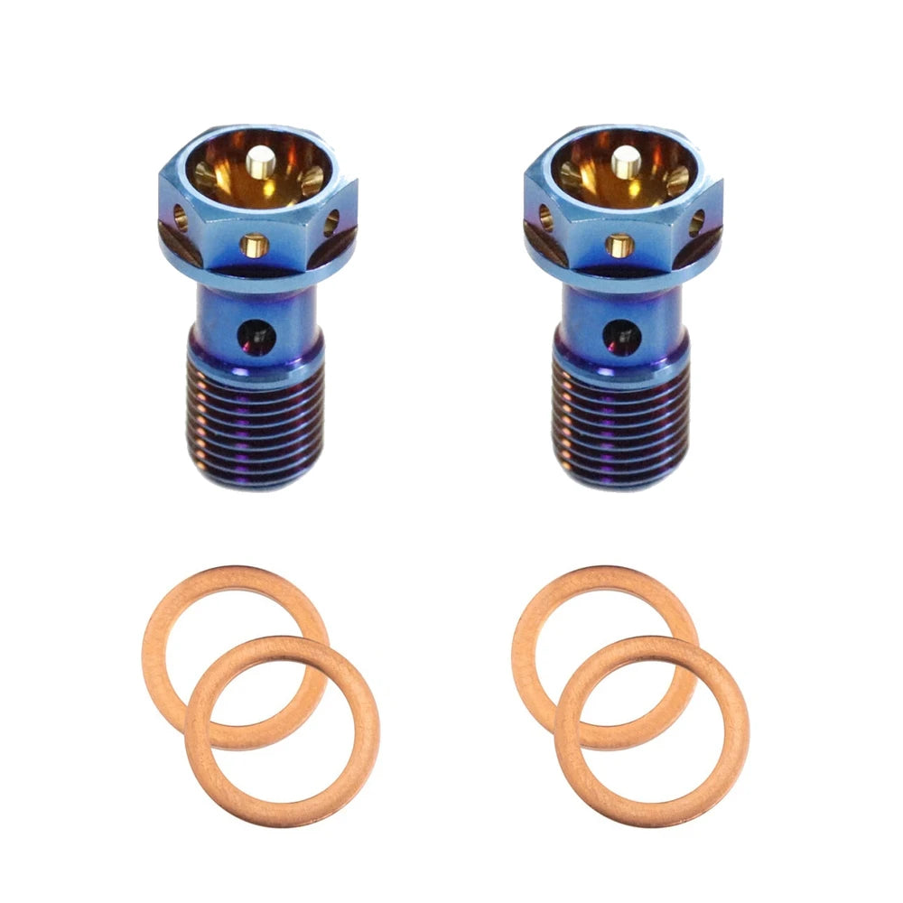 Pair of blue Grade 5 titanium M10 × 1.0 banjo bolts with four copper crush washers, top view